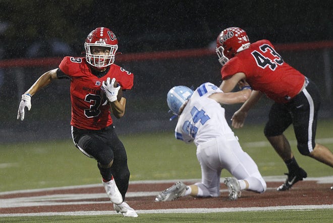 Westerville South's Brandon Armstrong finds running room against Olentangy Berlin in a Division II, Region 7 playoff game. The game was suspended Oct. 23 and resumed the next day, with the Wildcats winning 56-29.