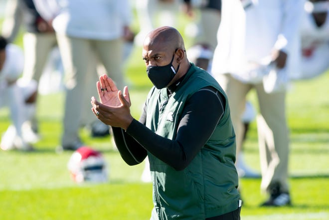 Michigan State head coach Mel Tucker directs his players before the start of the first game of the season against Rutgers, at Spartan Stadium, in East Lansing, October 24, 2020.