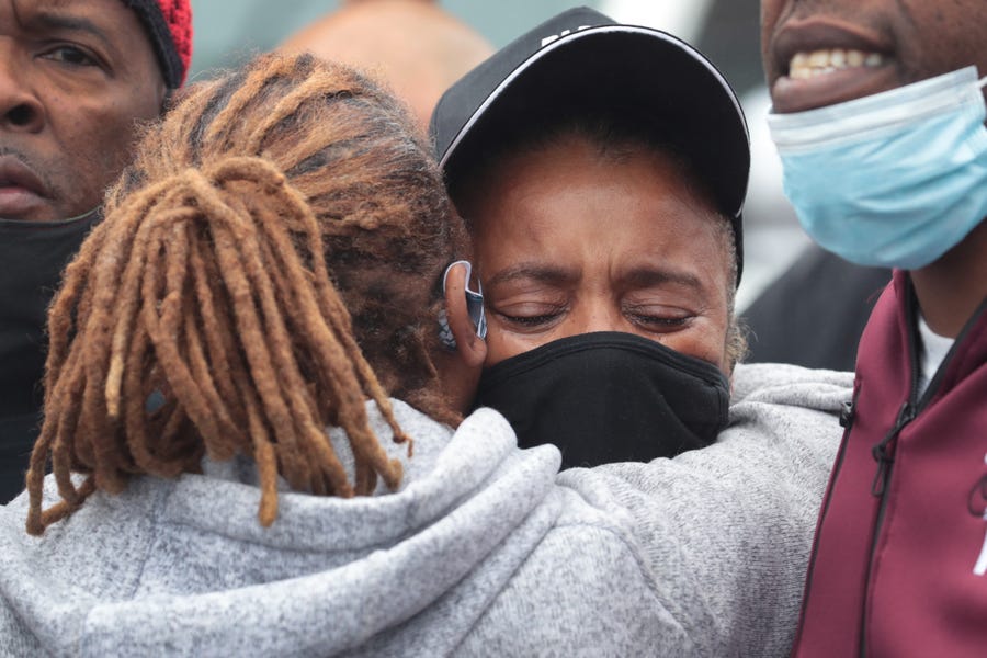 WAUKEGAN, ILLINOIS: Sherrellis Stinnette, the grandmother of 19-year-old Marcellis Stinnette, joins demonstrators protesting the October 20 police shooting that left her grandson dead and his girlfriend, 20-year-old Tafara Williams, with serious injuries on October 22, 2020 in Waukegan, Illinois. About 100 protestors, including many family members of the shooting victims, marched from the shooting scene to City Hall, making stops at the police station and courthouse along the way. The demonstrators denounced   violence but demanded accountability in statements along the way.