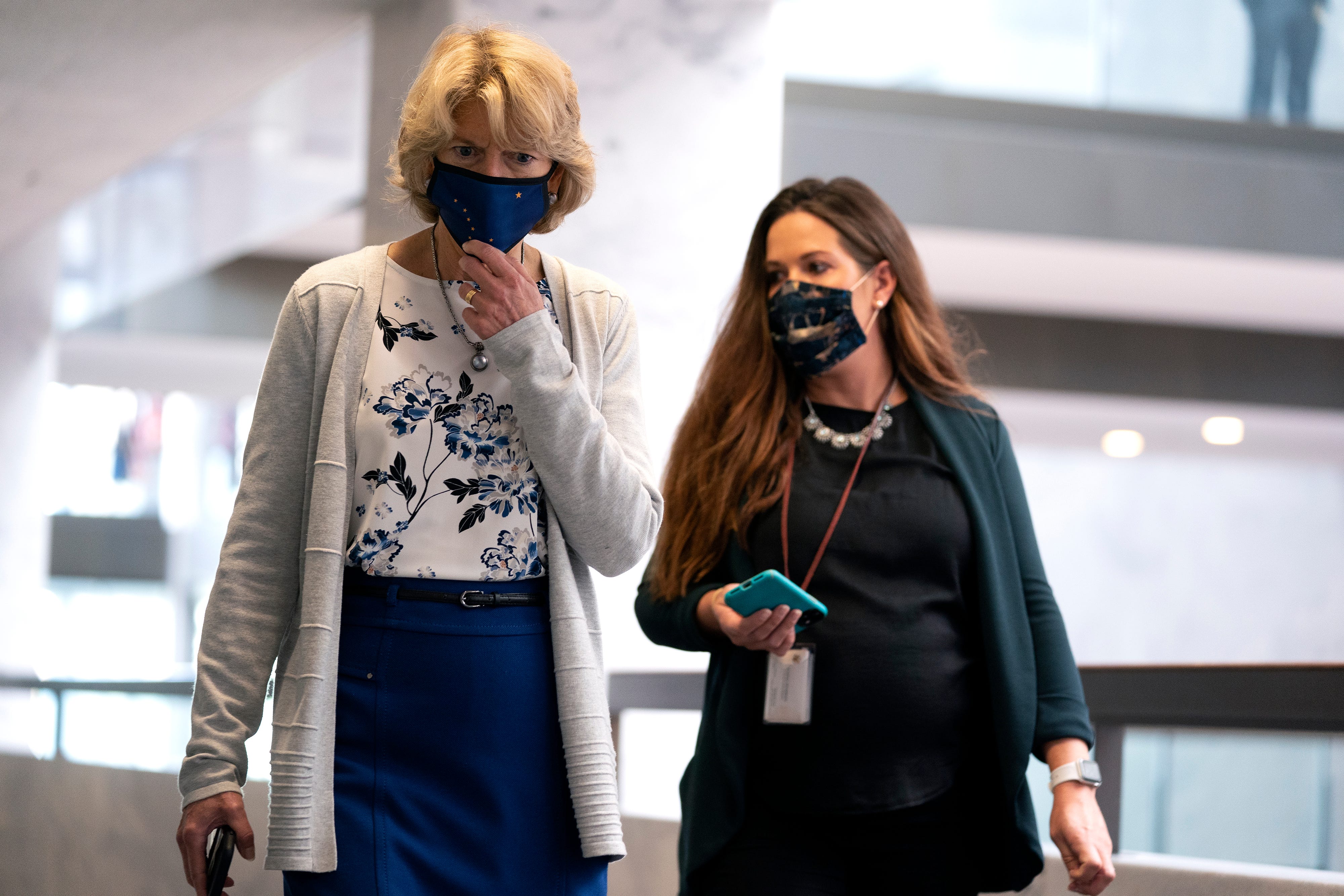 Sen. Lisa Murkowski, R-Alaska, wears a protective mask at the weekly Senate Republican policy luncheon in the Hart Senate Office Building on Capitol Hill on Oct. 20, 2020 in Washington.