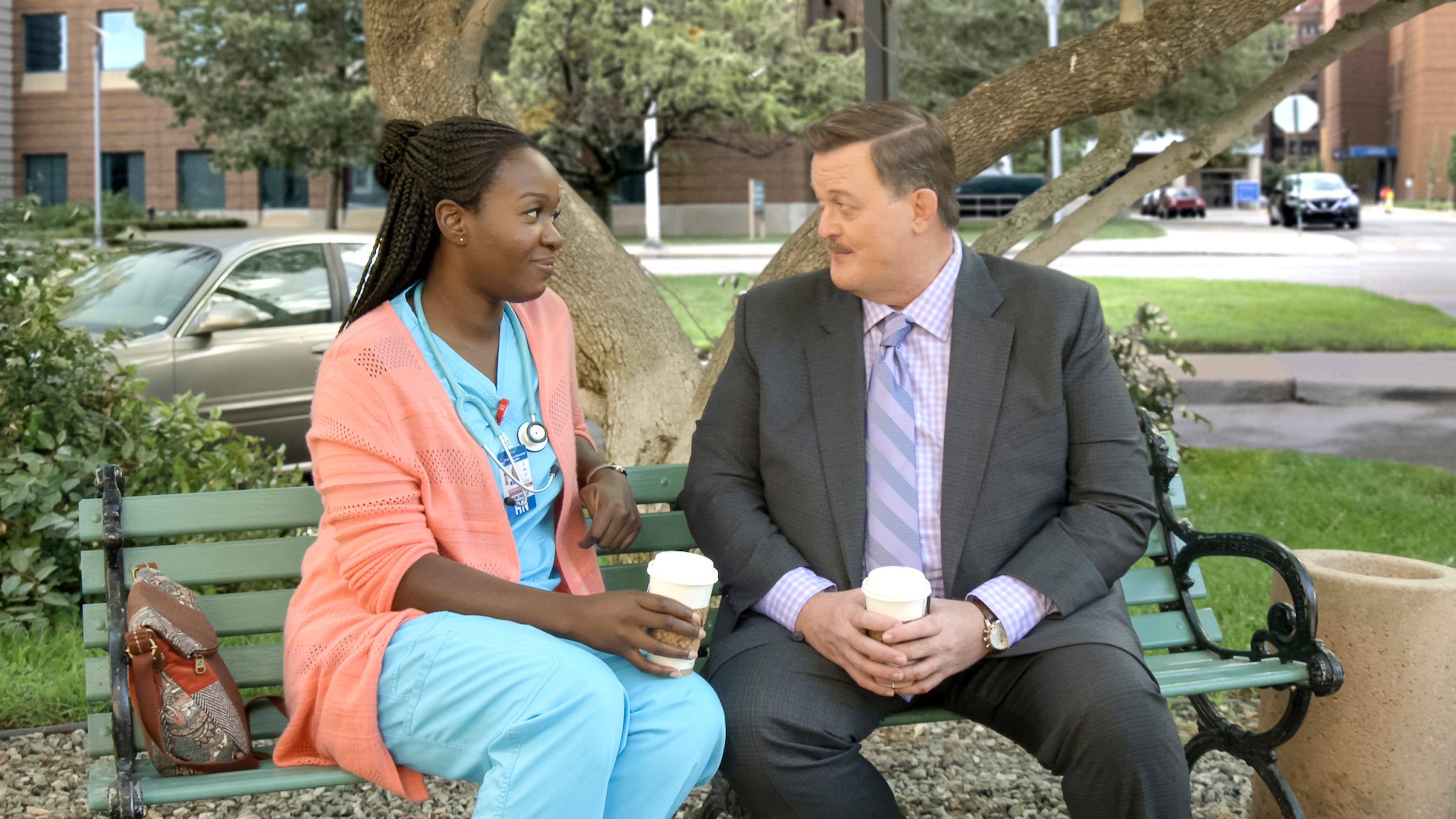 Folake Olowofoyeku as Abishola and Billy Gardell as Bob in CBS's "Bob Hearts Abishola."