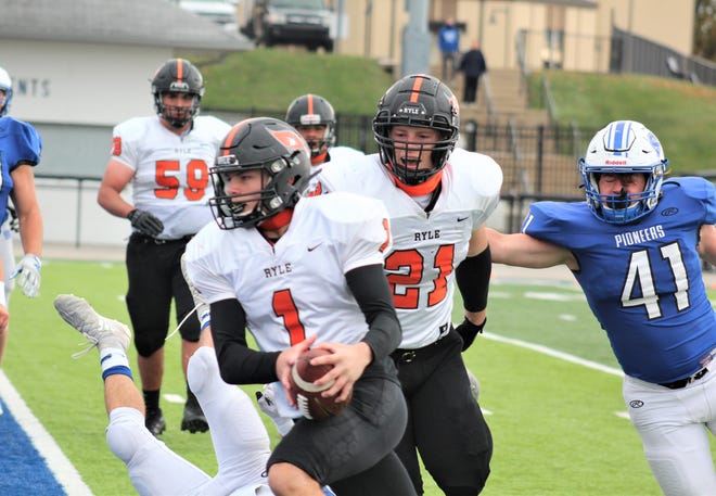 Ryle sophomore Lukas Colemire scores a touchdown, but it was waved off by a penalty, as Ryle defeated Simon Kenton 42-15 in 6A football Oct. 24, 2020 at Simon Kenton High School, Independence, Ky. The game finished on Saturday morning after being suspended Friday night due to weather.