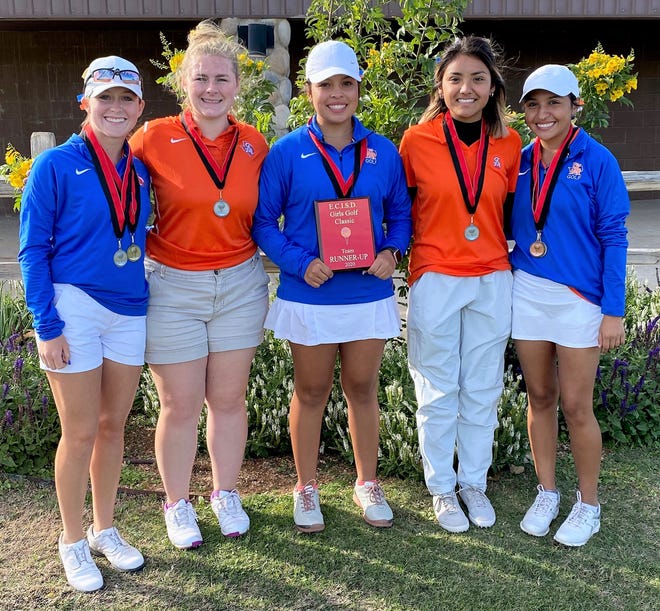 The San Angelo Central High School girls golf team finished second in the team standings at the ECISD Invitational in Odessa on Saturday, Oct. 24, 2020. The team includes (from left to right) Ryann Honea, Hailey Hawkins, Kayleah Castillo, Micaela Falcon and Emily Coronado.