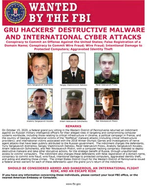 Wanted By the FBI poster for six Russians a federal grand jury indicted Oct. 15, 2020, in connection with a computer hacking conspiracy.