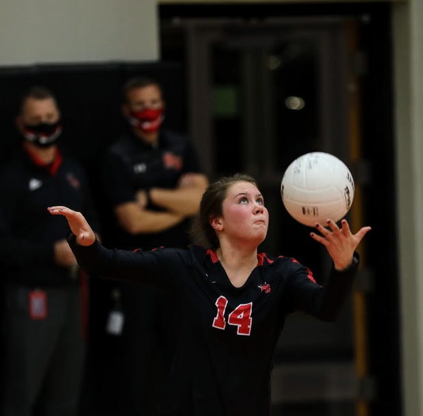 Roland-Story freshman Ali Charlson gets ready to serve the ball during the Norse's 3A regional semifinal volleyball match with Des Moines Christian Oct. 21 in Story City.