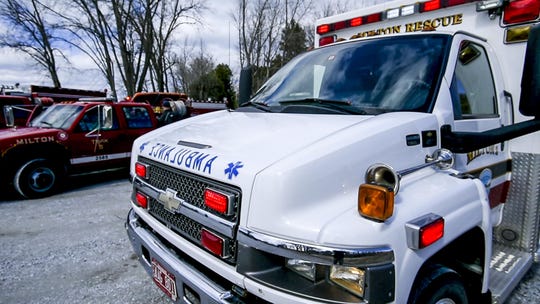 Fire and rescue crews responded to Lake Road in Milton when two people walked across the ice and made it to shore after their small plane went down on the ice of Lake Champlain near Savage Island on Saturday, April 11, 2015.