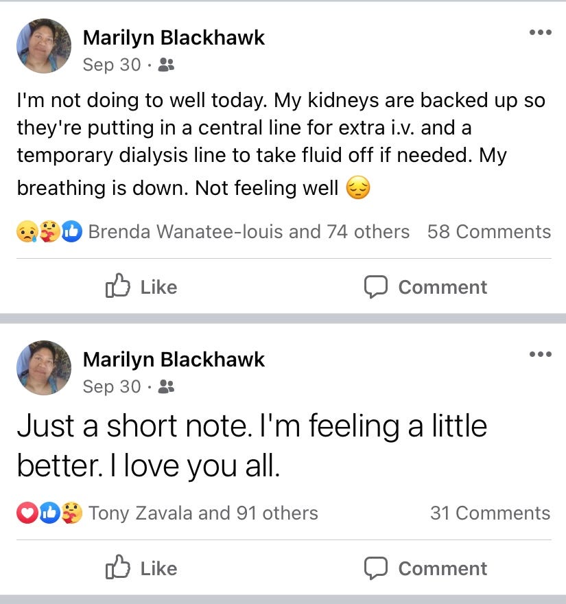 Marilyn Blackhawk, 54, died Oct. 5 of COVID-19. The Sioux City, Iowa, resident kept family and friends updated through Facebook during her hospital stay.