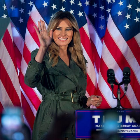 First lady Melania Trump prepares to speak at a ca