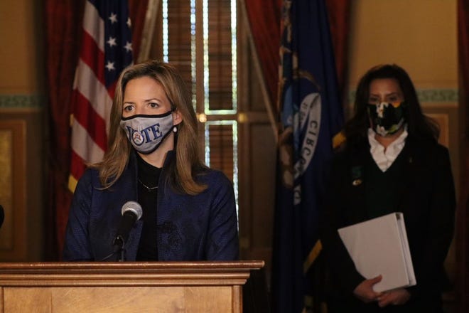 Secretary of State Jocelyn Benson appears at a news conference on Oct. 28, 2020.