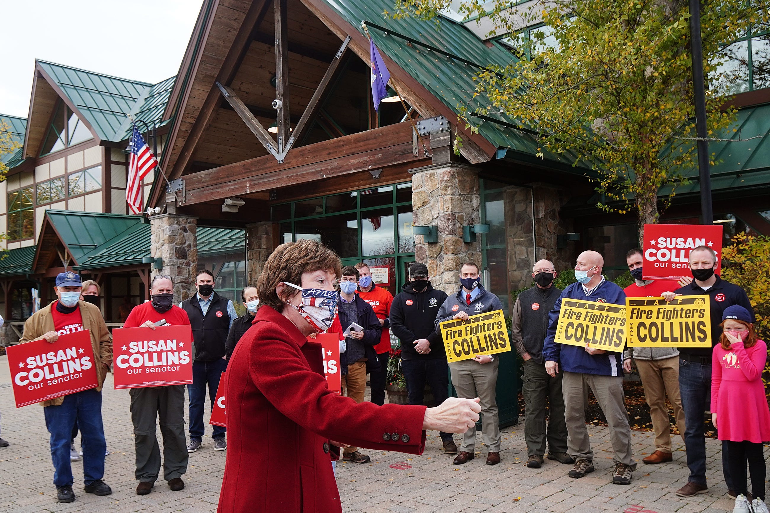 U.S. Sen. Susan Collins R-Maine, made a stop outside the Kittery Trading Post to talk with supporters on Oct. 27, 2020 in Kittery, Maine.