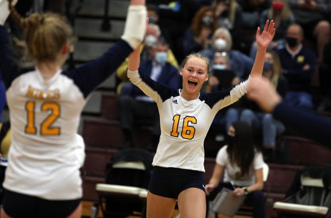 Notre Dame High School's Katy Stephens (16) celebrates a point during the Class 1A Region 8 final match against WACO High School in 2020 at Mount Pleasant.