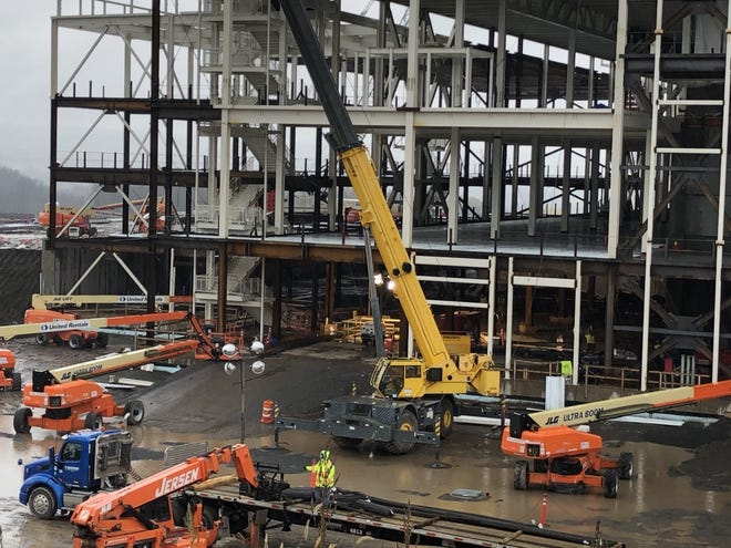 Construction continues on the Cree, Inc. 200 mm silicon-carbide wafer fabrication facility at the Marcy Nanocenter site Oct. 29, 2020. The last steel truss is expected to be placed on the building frame Monday, Nov. 2, 2020.