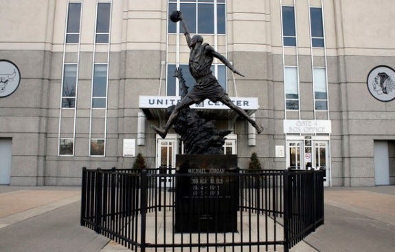 In this Feb. 28, 2012, file photo, a statue of former Chicago Bulls great Michael Jordan stands outside the United Center in Chicago.