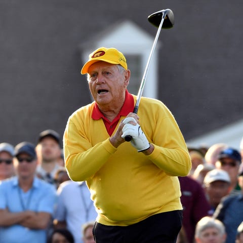 Jack Nicklaus hits his ceremonial tee shot on the 
