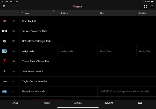 A screen shot of the TVision app's Guide on the iPad.
