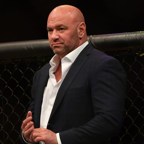 Dana White in the octagon after a fight in May.