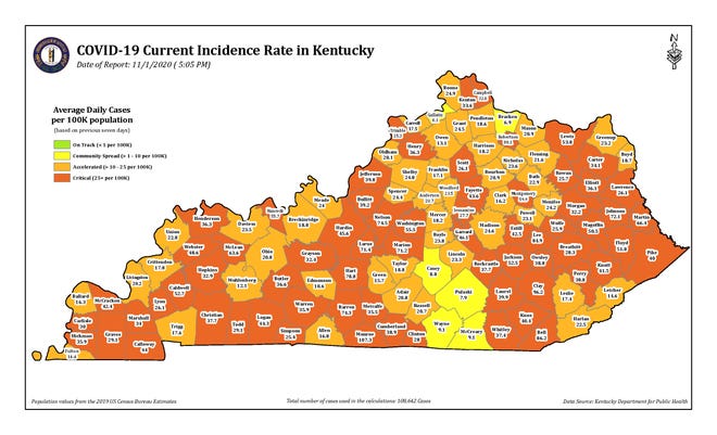 The COVID-19 Current Incidence Rate Map for Kentucky as of Sunday, Nov. 1.