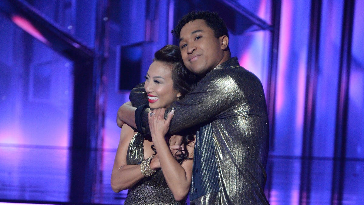 Jeannie Mai and Brandon Armstrong embrace during the Oct. 19 episode of "Dancing With the Stars."