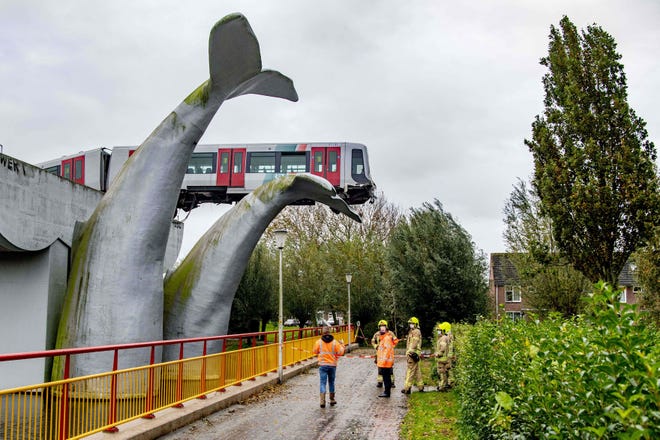 A Dutch metro train was saved from disaster on November 2, 2020, when it smashed through a safety barrier but was prevented from plummeting into water by a sculpture of a whale tail. The driver of the train, who was the only person on board, was unharmed in the incident which happened just after midnight at Spijkenisse, near the port city of Rotterdam.