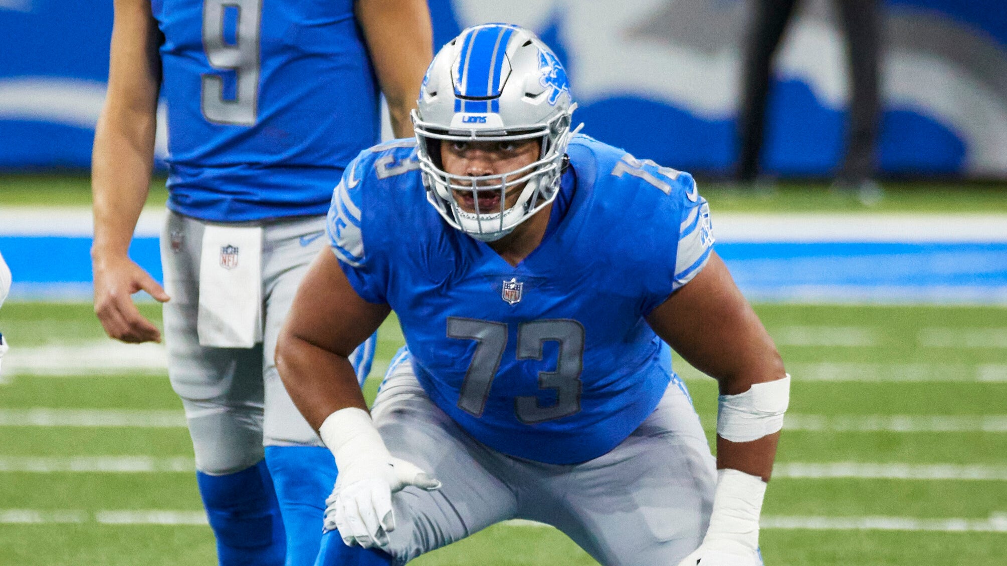 Jonah Jackson gets set before the snap to Matthew Stafford on Sunday against the Colts.