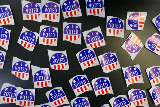 "I voted" stickers at the Cooper Tennis Complex polling location on Tuesday, Nov. 3, 2020. 