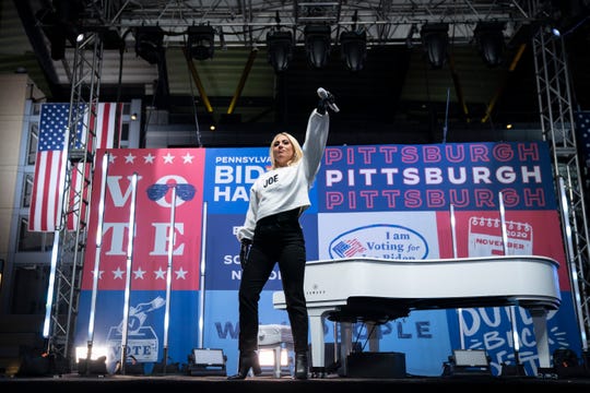 Lady Gaga performs in support of Democratic presidential nominee Joe Biden during a drive-in campaign rally at Heinz Field on Nov. 02, 2020, in Pittsburgh.