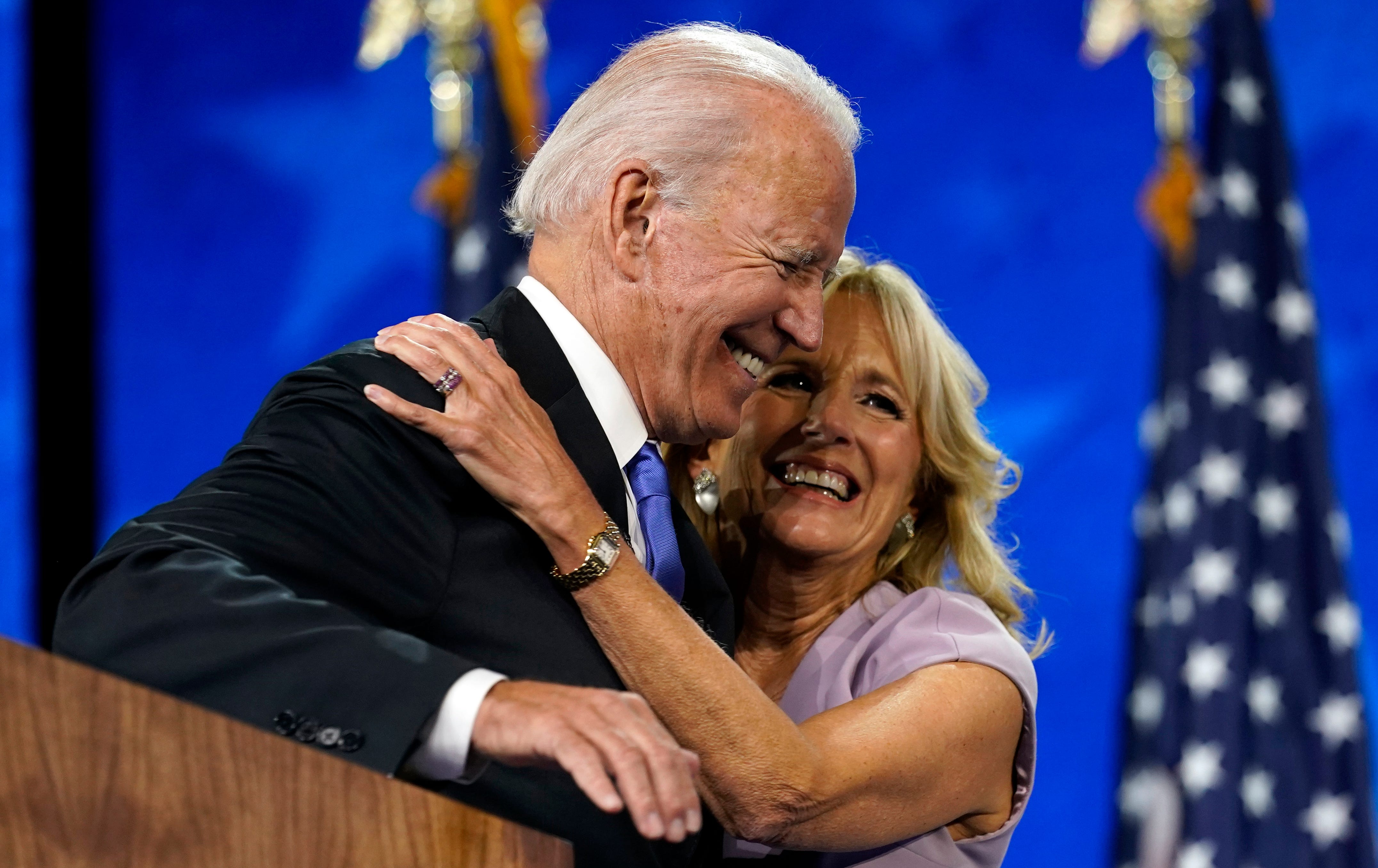 Democratic presidential candidate former Vice President Joe Biden hugs his wife Jill Biden after his speech during the fourth day of the Democratic National Convention, Thursday, Aug. 20, 2020, at the Chase Center in Wilmington, Del.