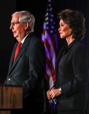 Sen. Mitch McConnell, with wife Elaine Chao beside him, gave his acceptance speech from the Omni Hotel in Louisville after defeating Democrat Amy McGrath in the 2020 election. McConnell is the longest-serving U.S. senator for Kentucky in its history -- since 1985. Nov. 3, 2020