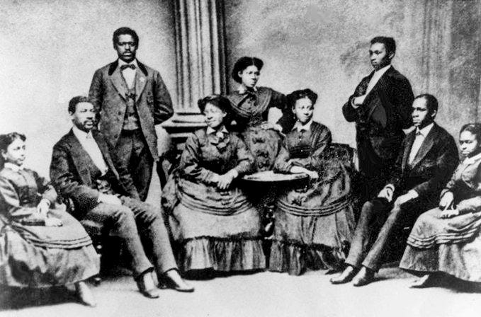 The nine original members formed the singing group, the Jubilee Singers, in 1871 and kept Fisk University from closing and brought lasting respect to the black spiritual through their tours in America and Europe.