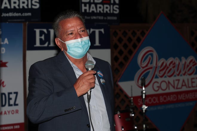 CVUSD board Area 2 (Thermal) incumbent Jesus R. Gonzalez, a former mayor of Coachella, speaks during an election party for Coachella Democrats on Tuesday, November 3, 2020, in Coachella, Calif.