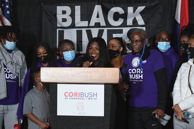 Congresswoman-elect Cori Bush speaks during her election-night watch party on November 3, 2020 at campaign headquarters in St. Louis, Missouri. With tonight's victory, the Democrat Bush becomes the first African-American woman to be elected to Congress from the state of Missouri.