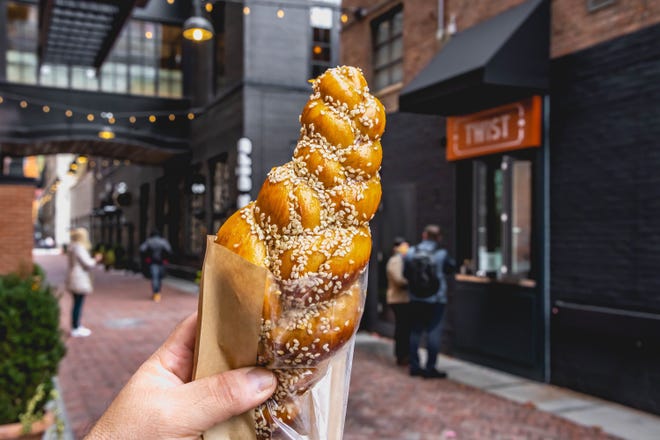 A braided pretzel from Twist at Olin, a new walk-up window on Parker's Alley in downtown Detroit that serves warm pretzels and to-go cocktails.