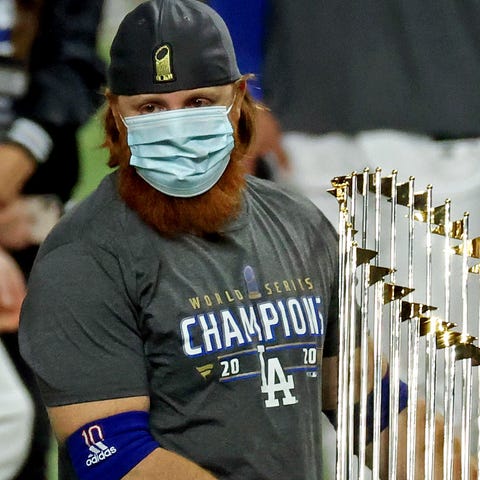 Justin Turner with the World Series trophy.