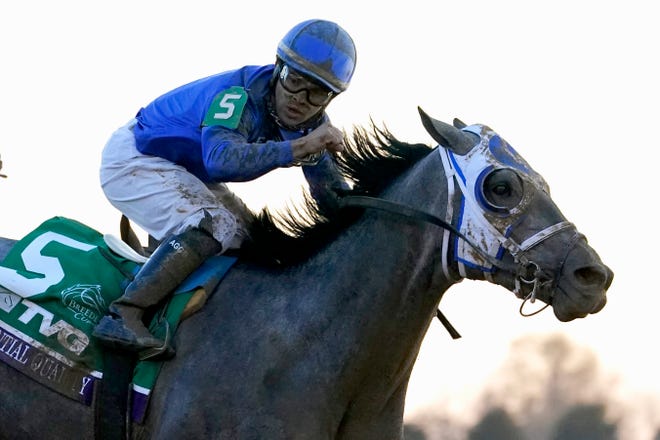 Jockey Luis Saez reacts aboard Essential Quality as they win the Breeders' Cup Juvenile horse race at Keeneland Race Course, Friday, Nov. 6, 2020, in Lexington, Kentucky.