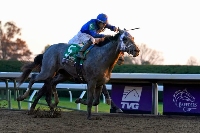 Jockey Luis Saez rides Essential Quality to win the Breeders' Cup Juvenile horse race at Keeneland Race Course, Friday, Nov. 6, 2020, in Lexington, Kentucky.