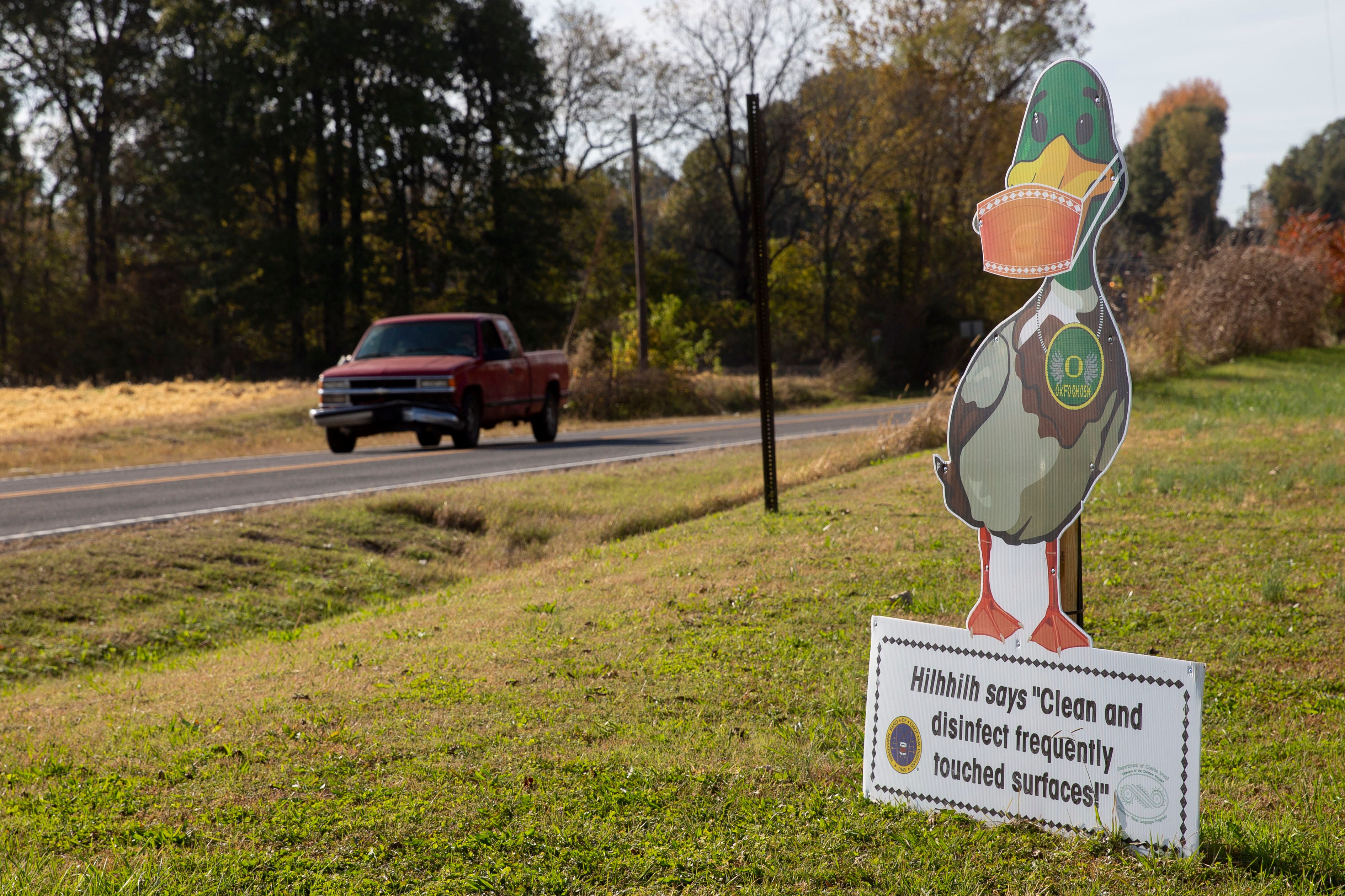 A sign encourages regular cleaning to prevent the spread of COVID-19 on Thursday, Nov. 5, 2020, at the Choctaw reservation in Henning.