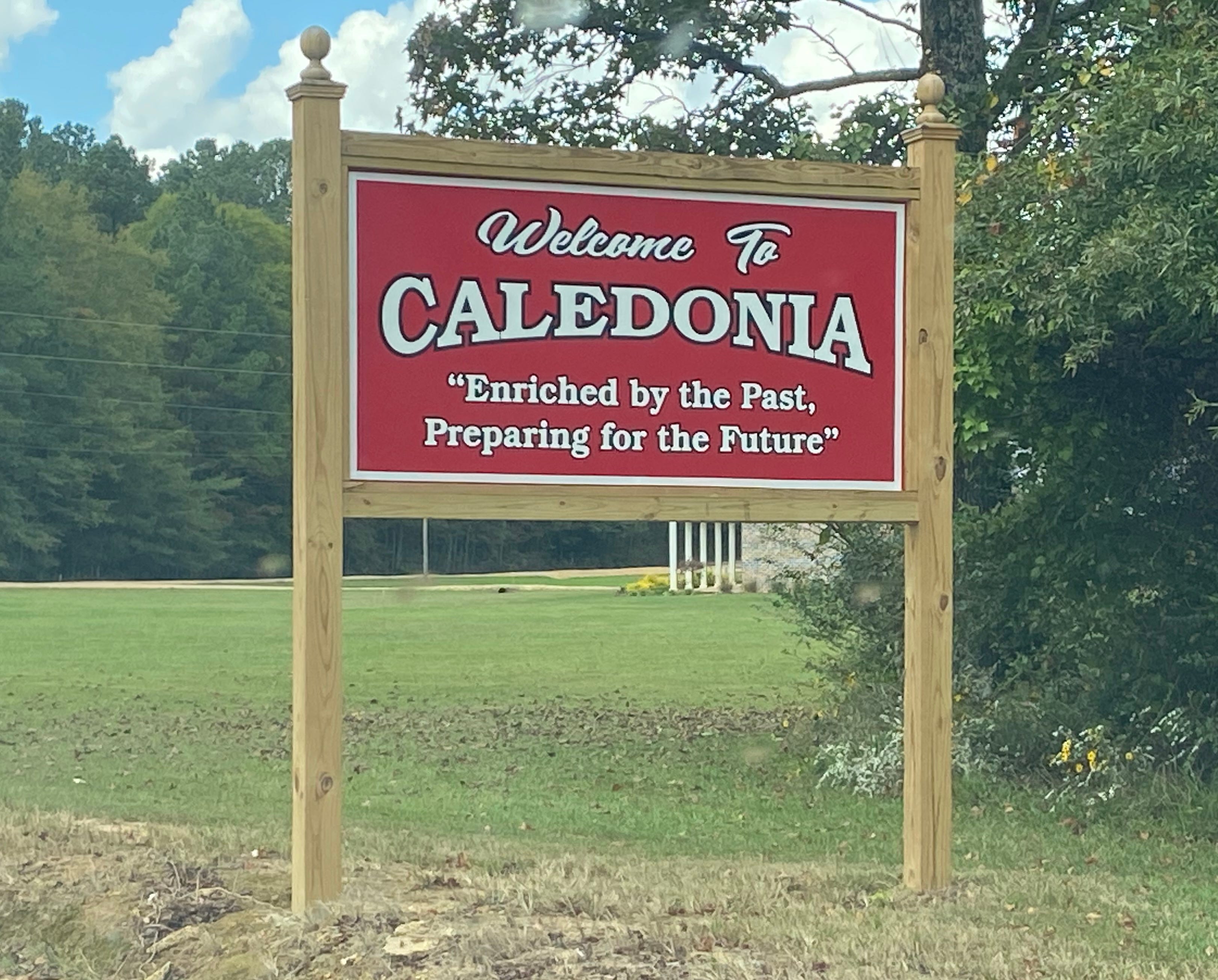 The welcome sign going into Caledonia, Miss., where the high school is changing its nickname from Confederates.