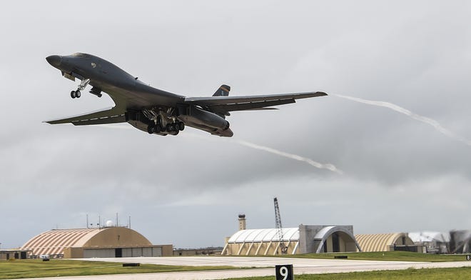 A B-1B Lancer aircraft takes off on a training mission during a Bomber Task Force deployment at Andersen Air Force Base Nov. 5.