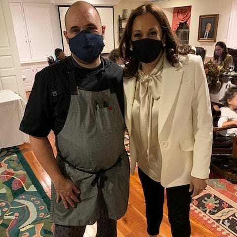 Krazy Kat's executive chef, Dan Tagle, posed with Vice President-elect Kamala Harris after her speech on the Wilmington Riverfront in 2020.