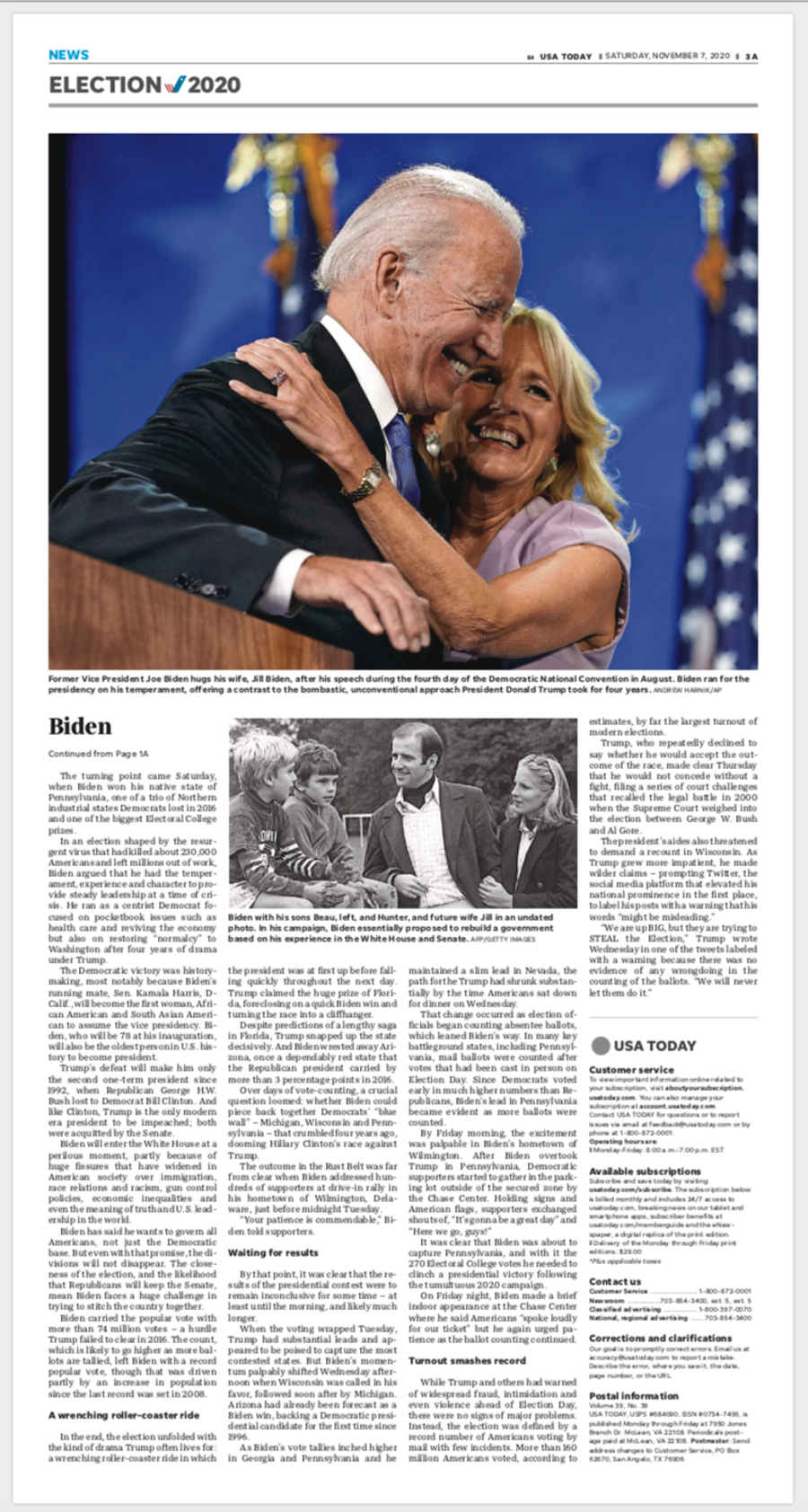 President-elect Joe Biden and wife Jill are featured in USA TODAY's special print edition, Saturday, Nov. 7, after the election.