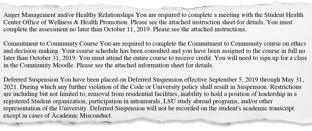 LSU gave a deferred suspension to a male student found responsible for sexually assaulting two women, disciplinary records shared by one of the women show.