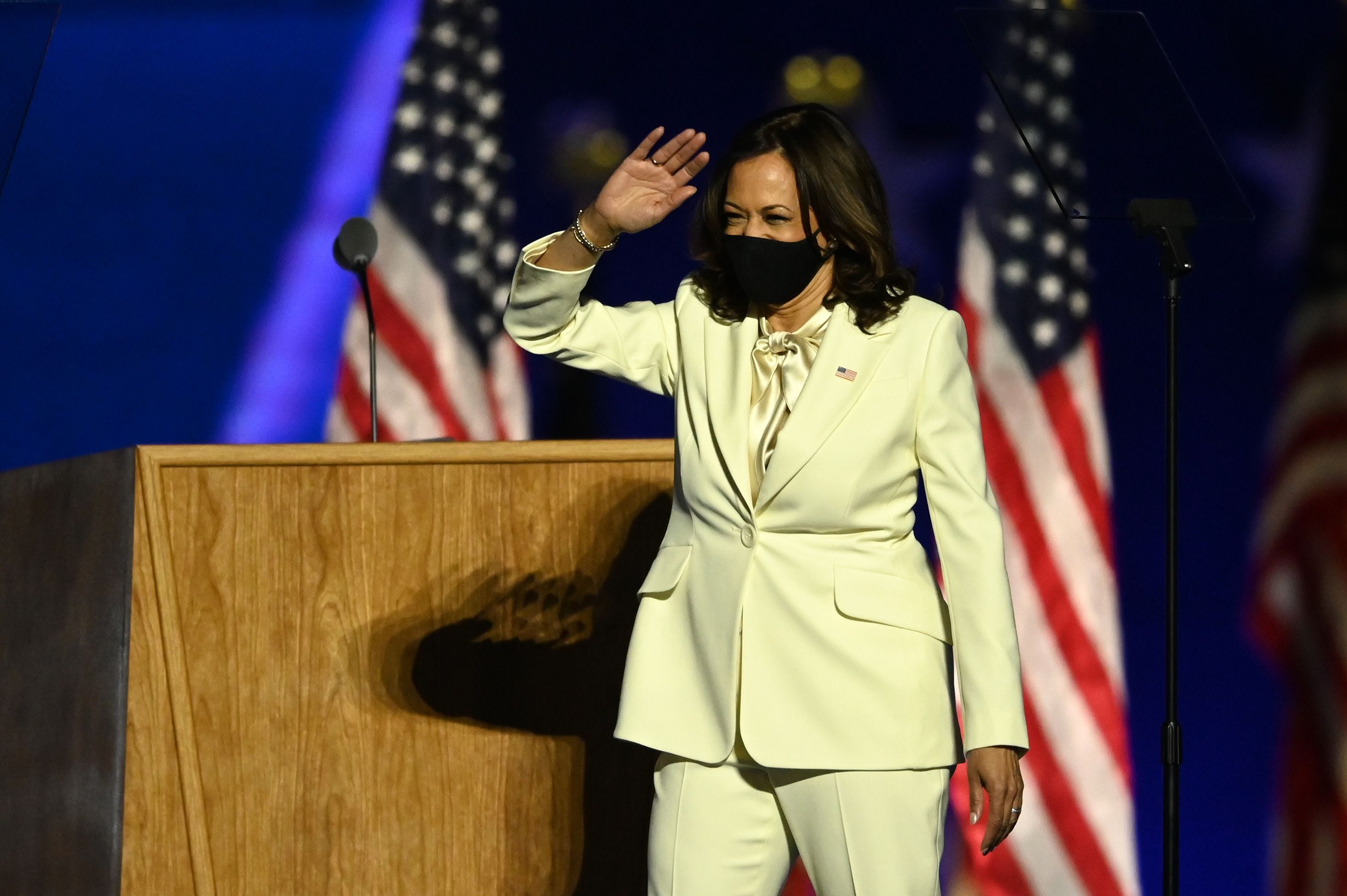 Vice President-elect Kamala Harris arrives to deliver remarks.
