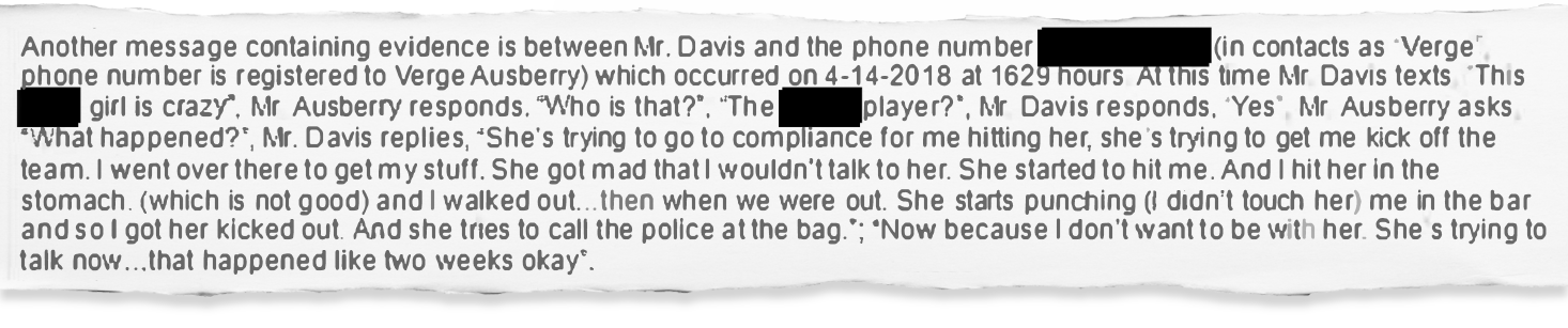 An LSUPD report shows Drake Davis admitting to punching his girlfriend in text messages with deputy athletic director Verge Ausberry on April 14, 2018.