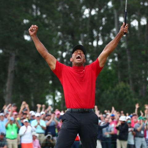 Apr 14, 2019; Augusta, GA, USA; Tiger Woods celebr