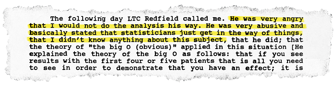 William McCarthy was a statistician in Redfield’s lab at Walter Reed. He testified that he could not recreate Redfield’s data analysis.