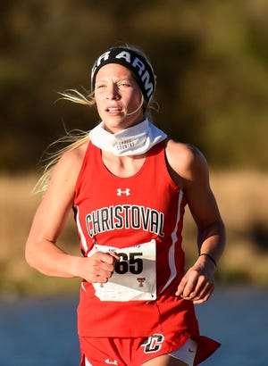 Christoval's Allison Vaughn runs the girls 2A race at the UIL Region 1 Cross Country Championships Tuesday, Nov. 10, 2020, in Lubbock, Texas. [Justin Rex/For A-J Media]