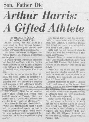 Front page article from the Monday, November 16, 1970 edition of the Herald-News commemorating Arthur Harris of Passaic and his father, who were among 75 people associated with the Marshall University football team who died in a car crash. plane two days earlier.  Herald-News was not published on Sundays in 1970.