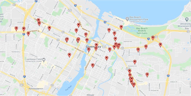 A Green Bay Police Department map displays the location of shooting incidents reported in the city.