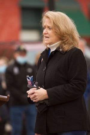 State Sen. Lana Theis, R-Brighton, speaks at the Veterans Day ceremony in downtown Howell Wednesday, Nov. 11, 2020.