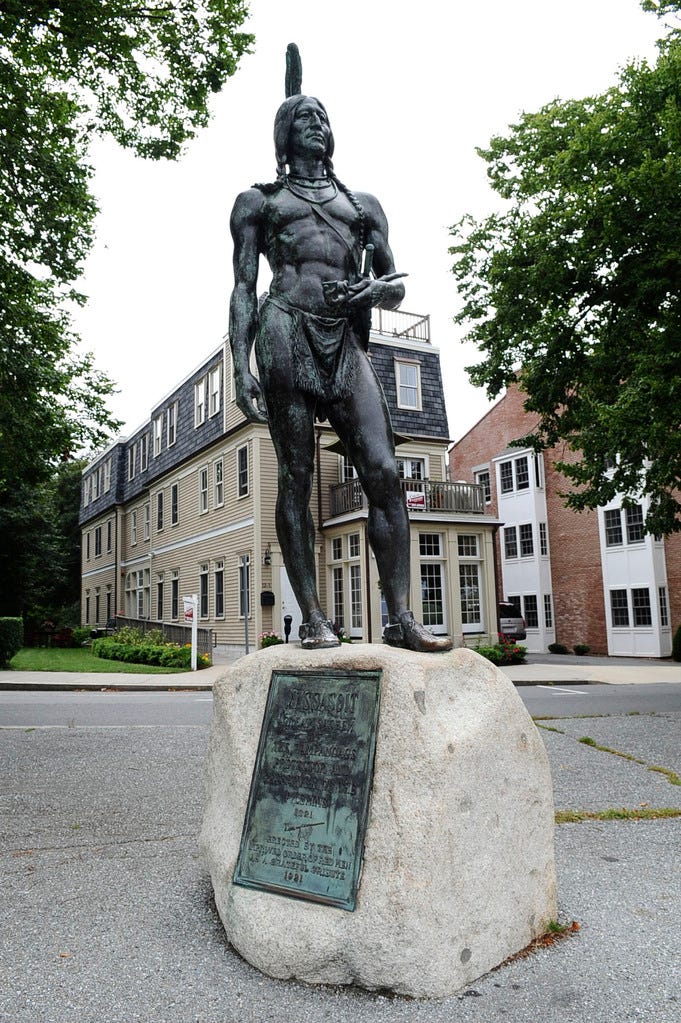 A statue of Massasoit stands on Cole's Hill, in Plymouth.